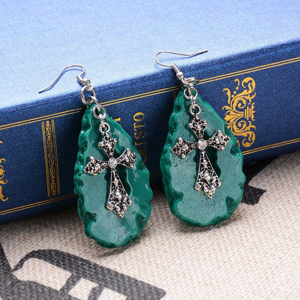 Imitation Green Jade Tear Drop & Cross Earrings Antique Style - 2