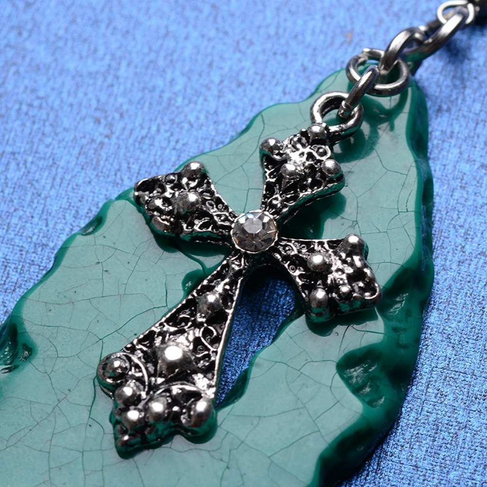 Imitation Green Jade Tear Drop & Cross Earrings Antique Style - 3