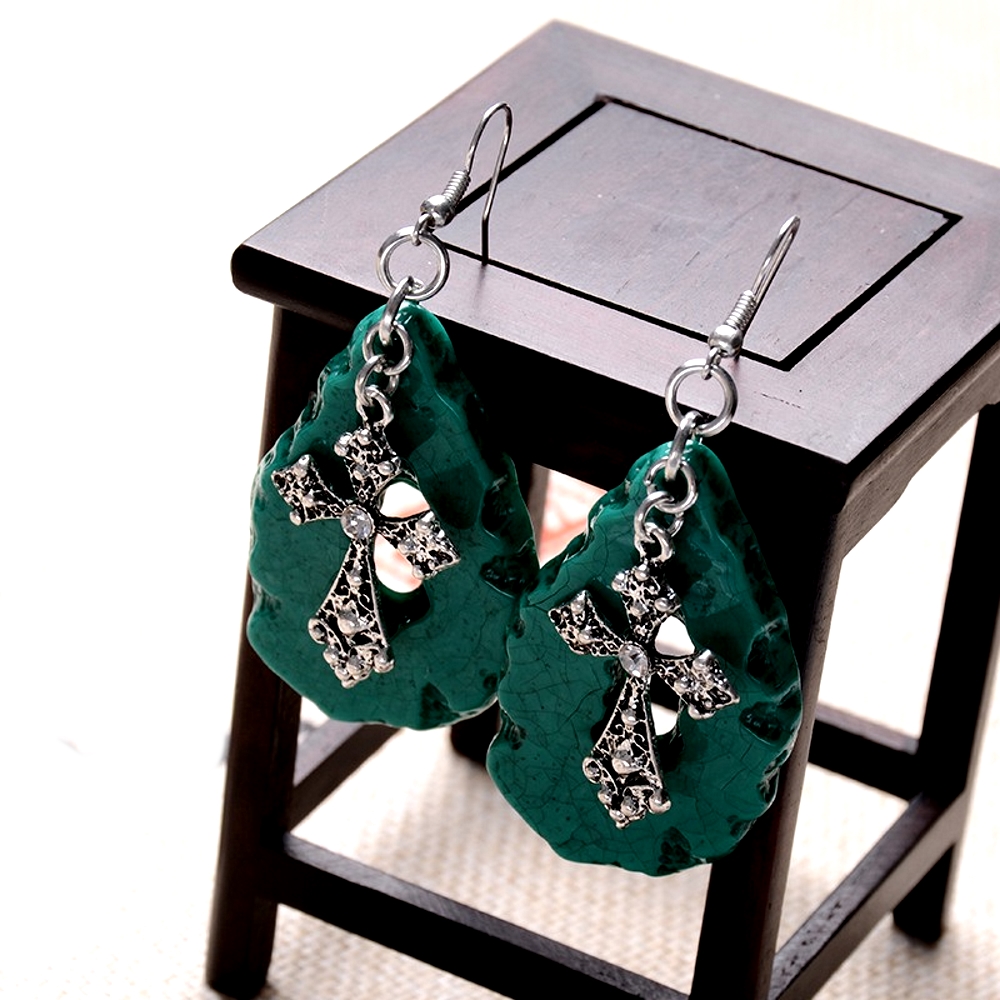 Imitation Green Jade Tear Drop & Cross Earrings Antique Style
