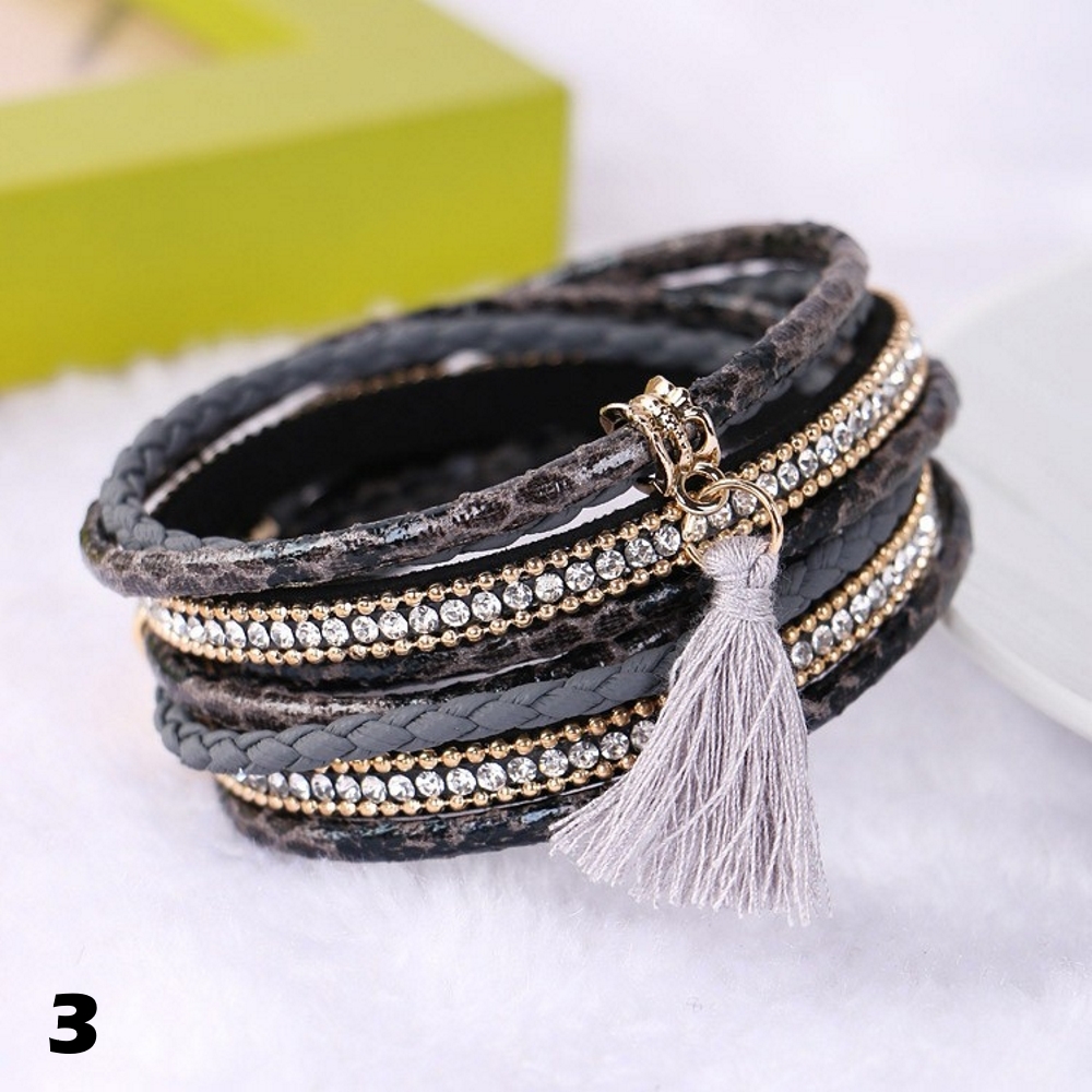 Rhinestone Leather Wrap Wristband Magnetic Bracelet Bangle - 8
