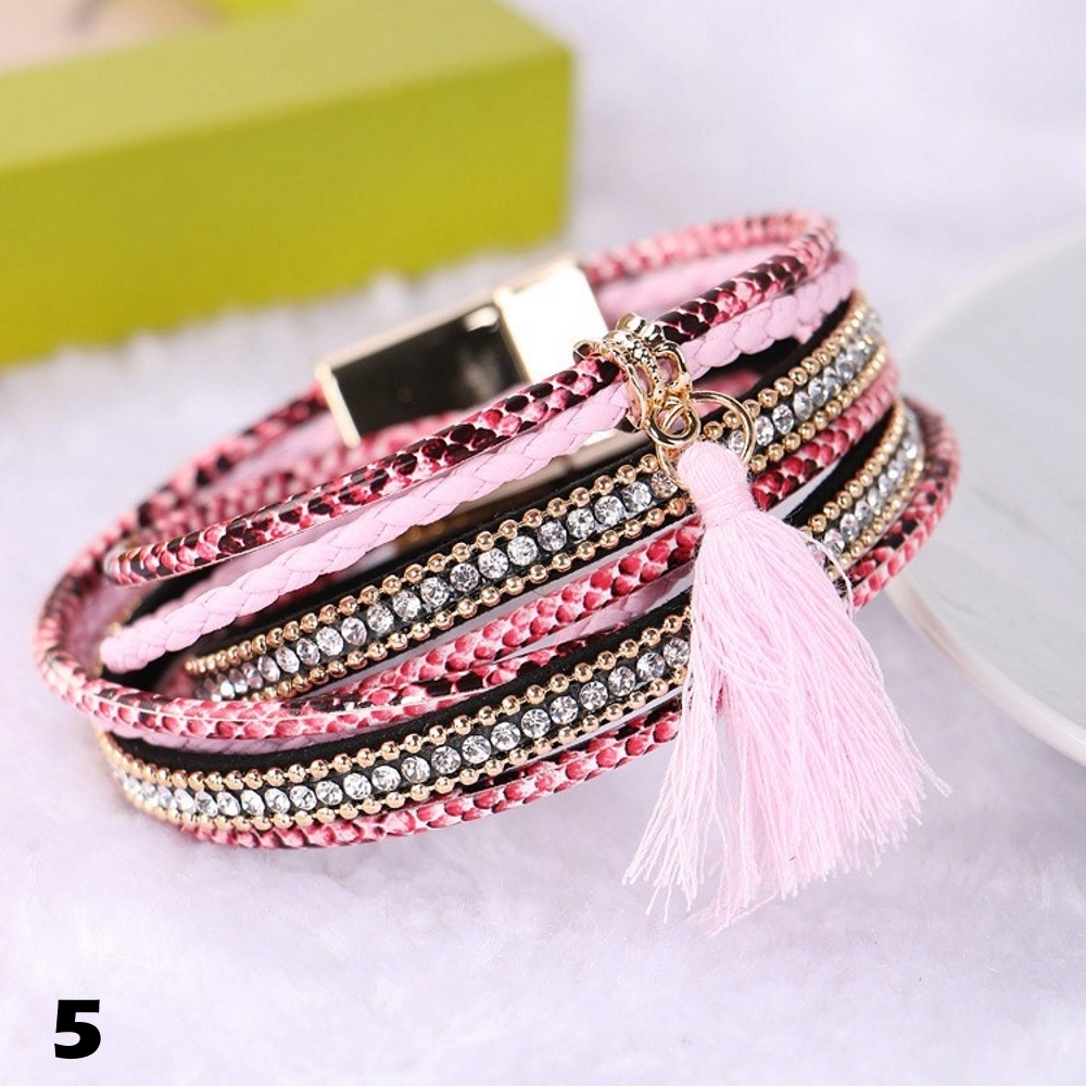Rhinestone Leather Wrap Wristband Magnetic Bracelet Bangle - 11
