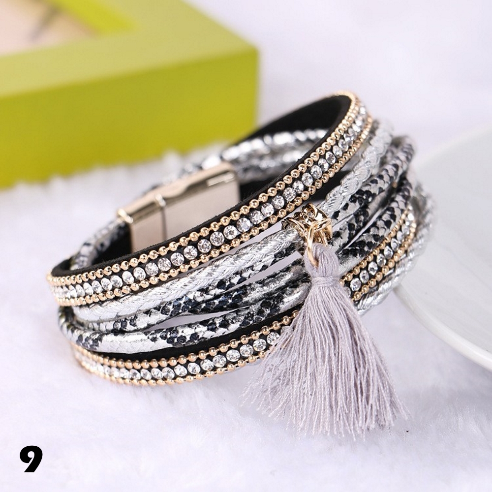 Rhinestone Leather Wrap Wristband Magnetic Bracelet Bangle - 7