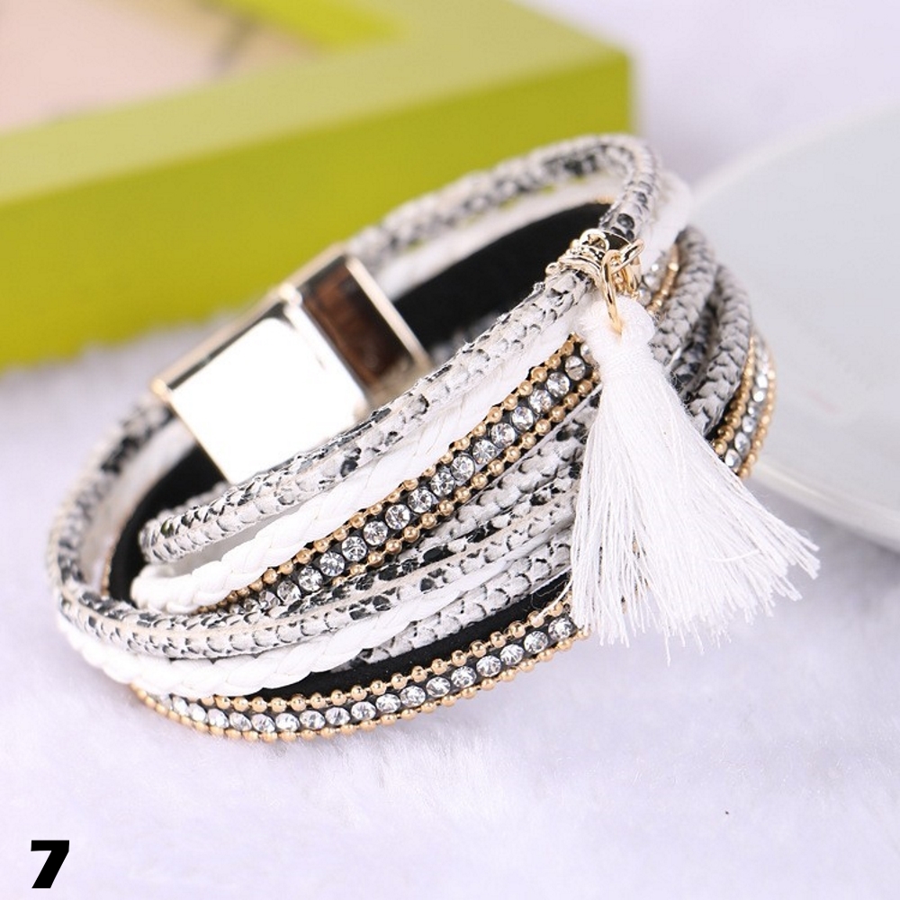 Rhinestone Leather Wrap Wristband Magnetic Bracelet Bangle - 5