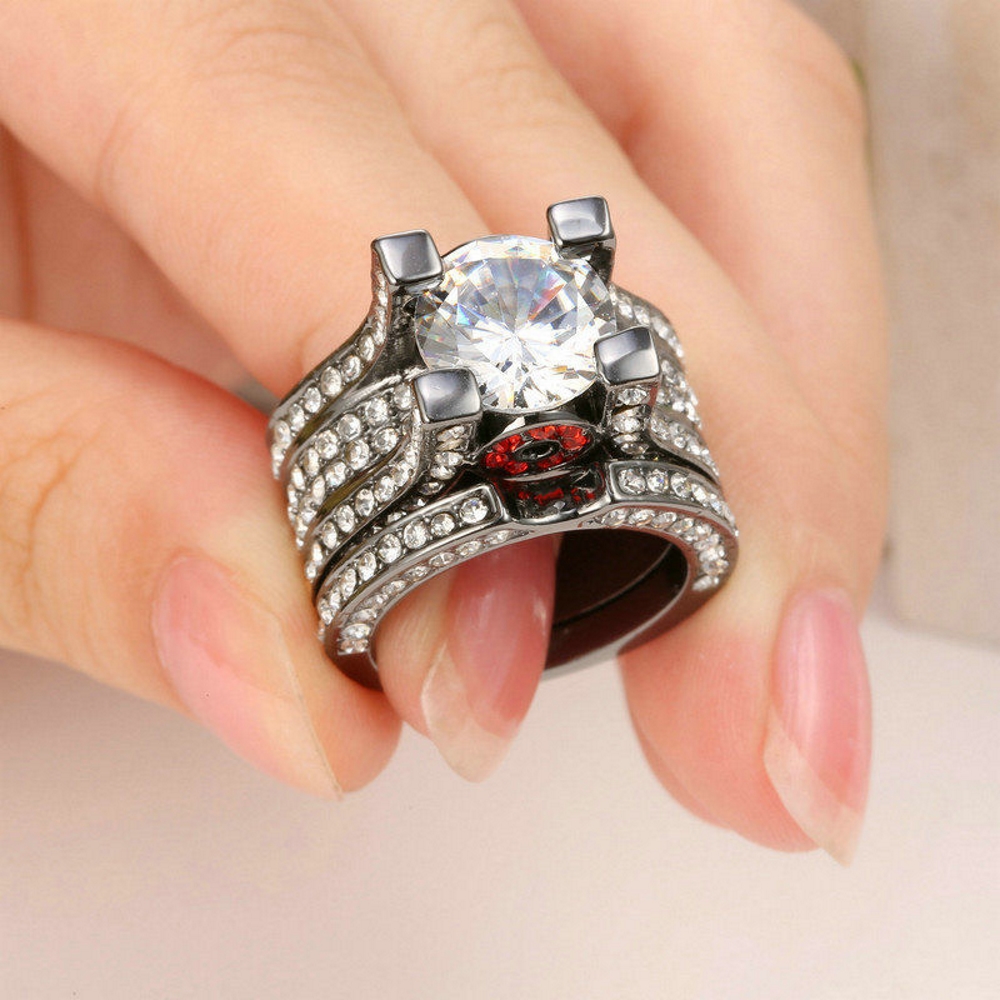 10K BLACK Gold Filled Engagement double ring - 2