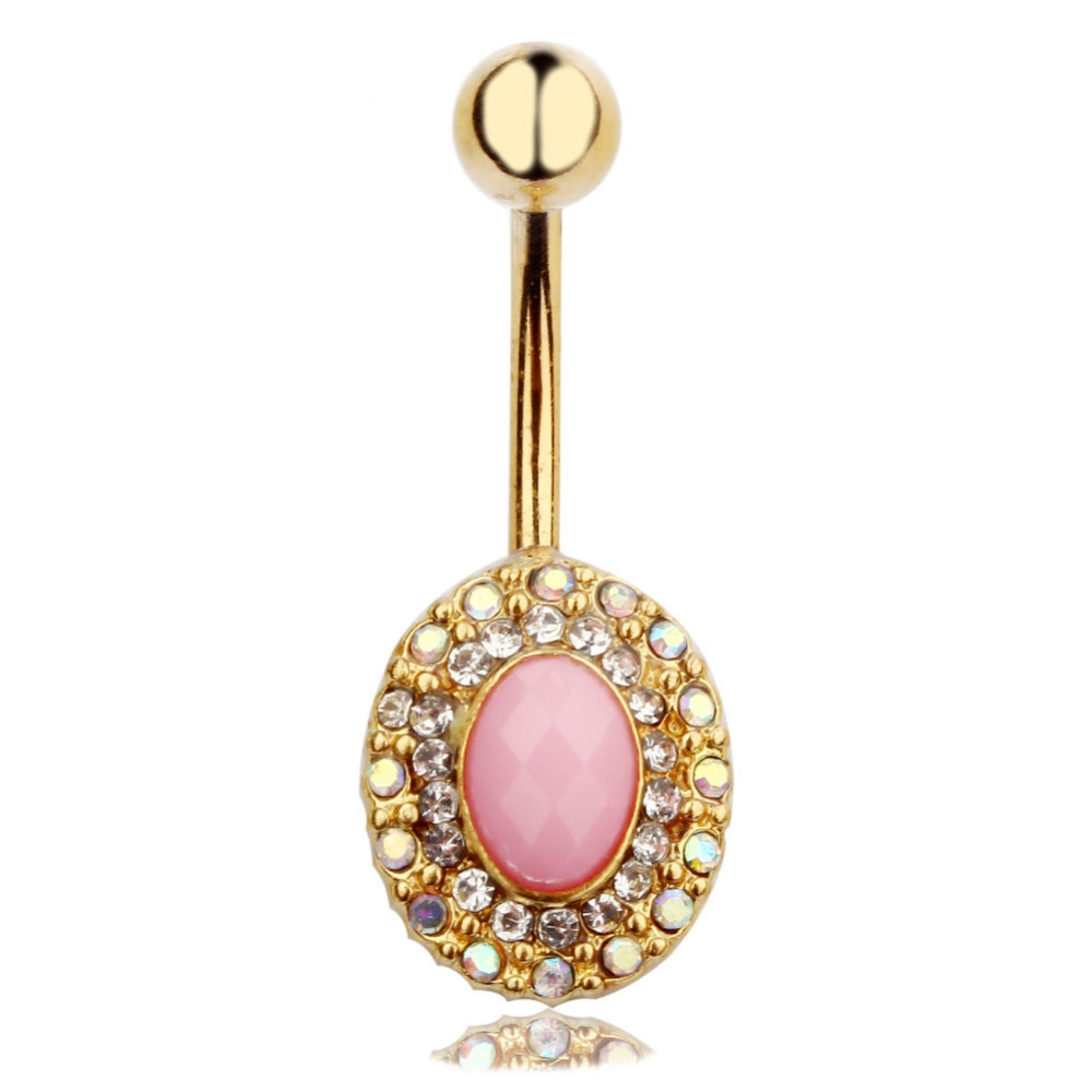 Navel Jewelry piercing 14G 316L Surgical Steel Pink Stone Oval