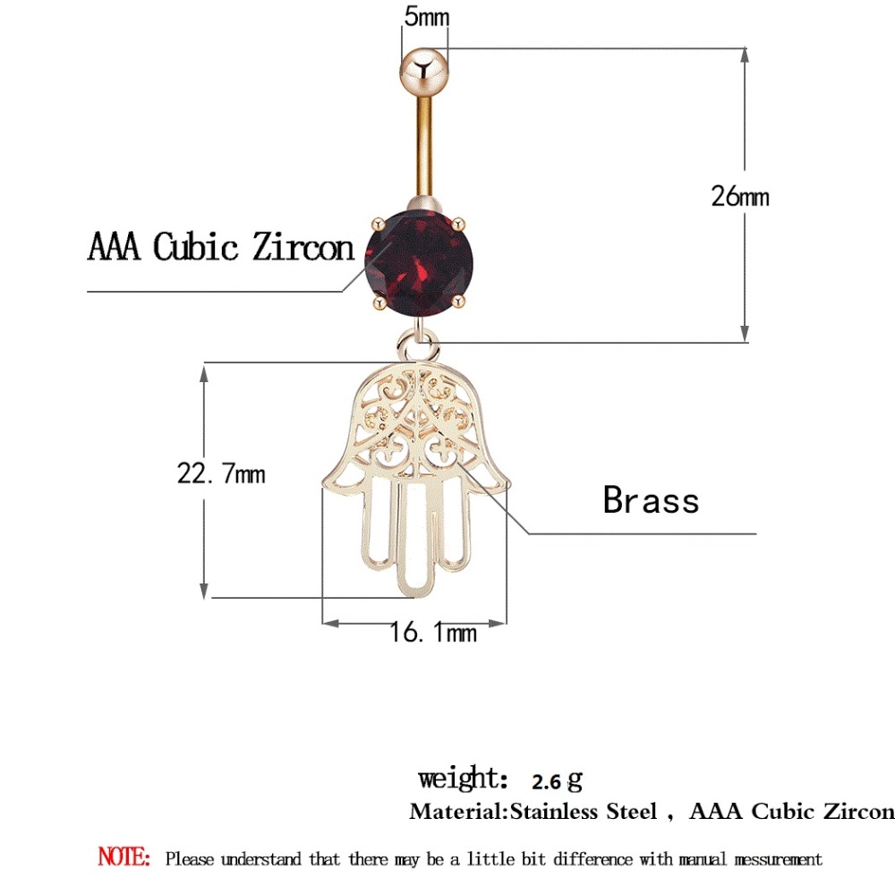 Navel Belly Button Ring Body Piercing 316l Steel crystal  Fatima Hand Hamsa - 5