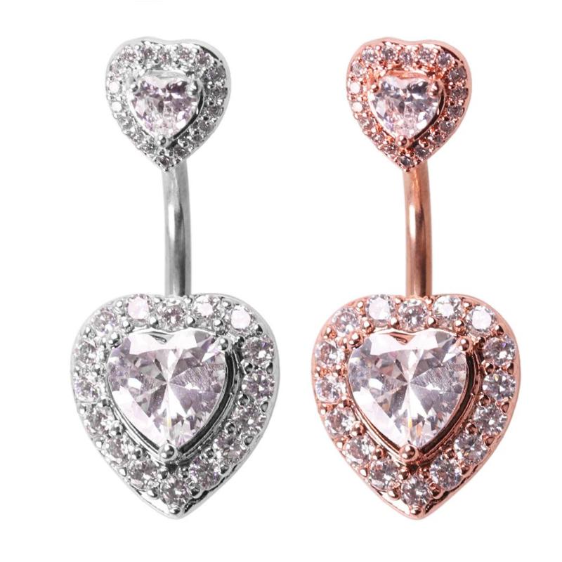 Gold Plated Navel Belly Button Ring Body Piercing Jewelry Crystal Zircon Heart - 2