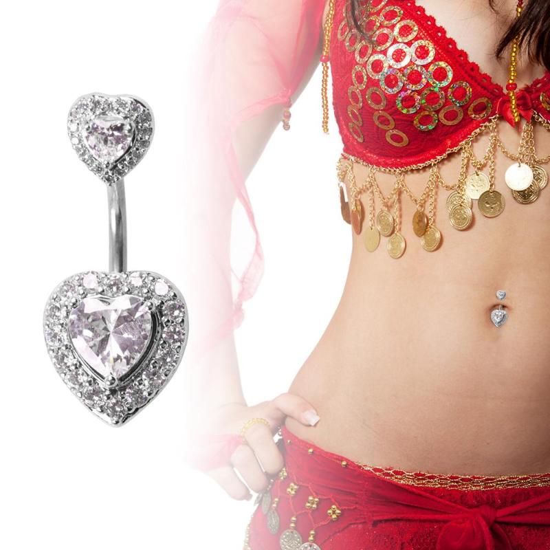 Gold Plated Navel Belly Button Ring Body Piercing Jewelry Crystal Zircon Heart - 3