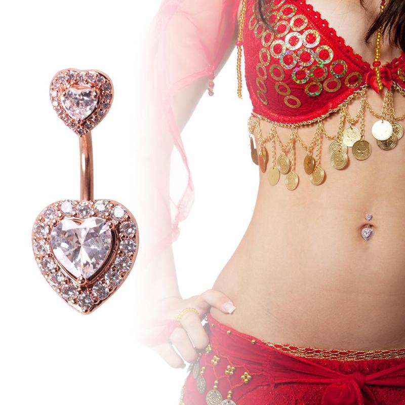 Gold Plated Navel Belly Button Ring Body Piercing Jewelry Crystal Zircon Heart - 4