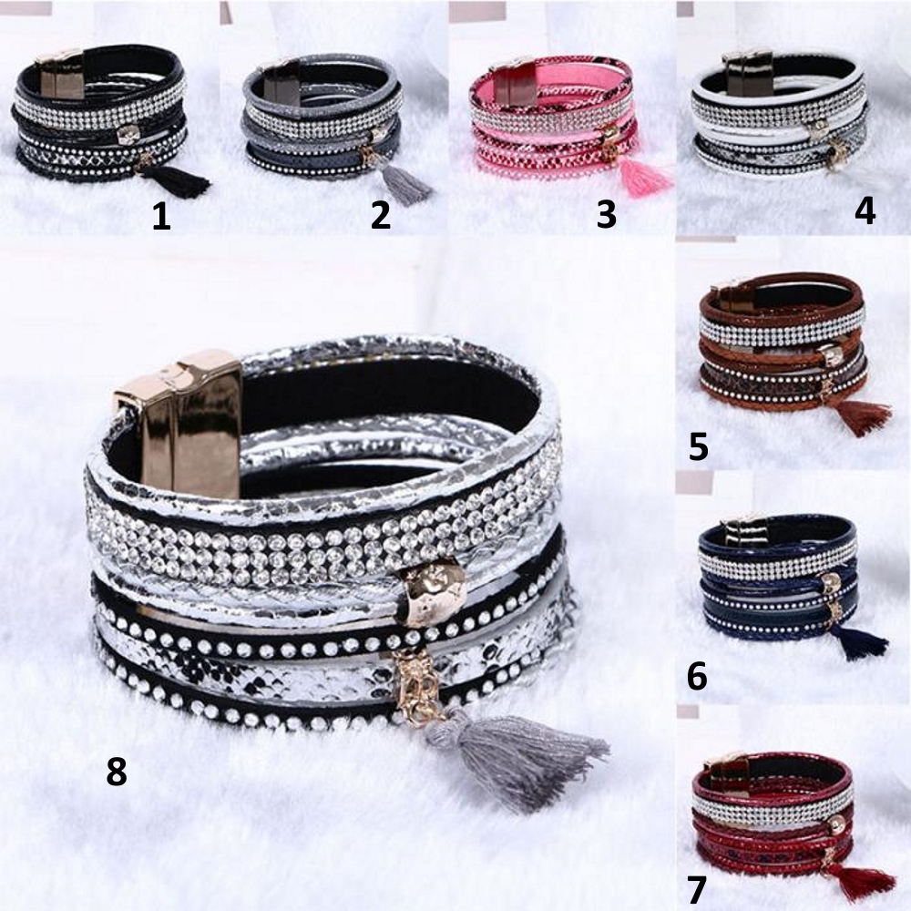 Rhinestone Leather Wrap Wristband Magnetic Bracelet Bangle - 10
