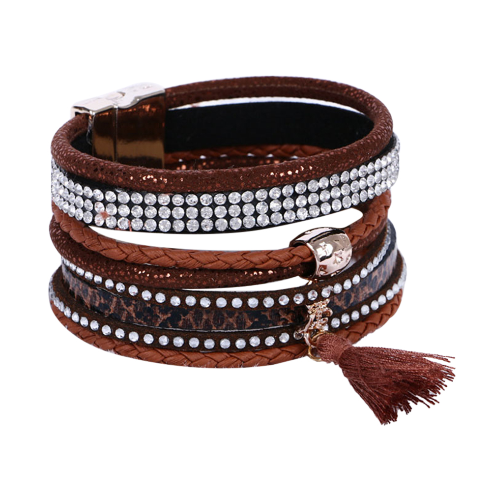 Rhinestone Leather Wrap Wristband Magnetic Bracelet Bangle - 2
