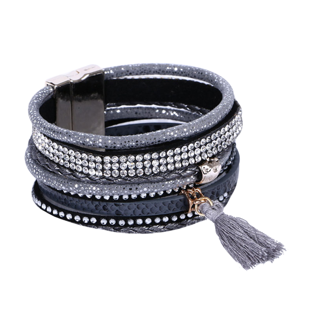 Rhinestone Leather Wrap Wristband Magnetic Bracelet Bangle - 8
