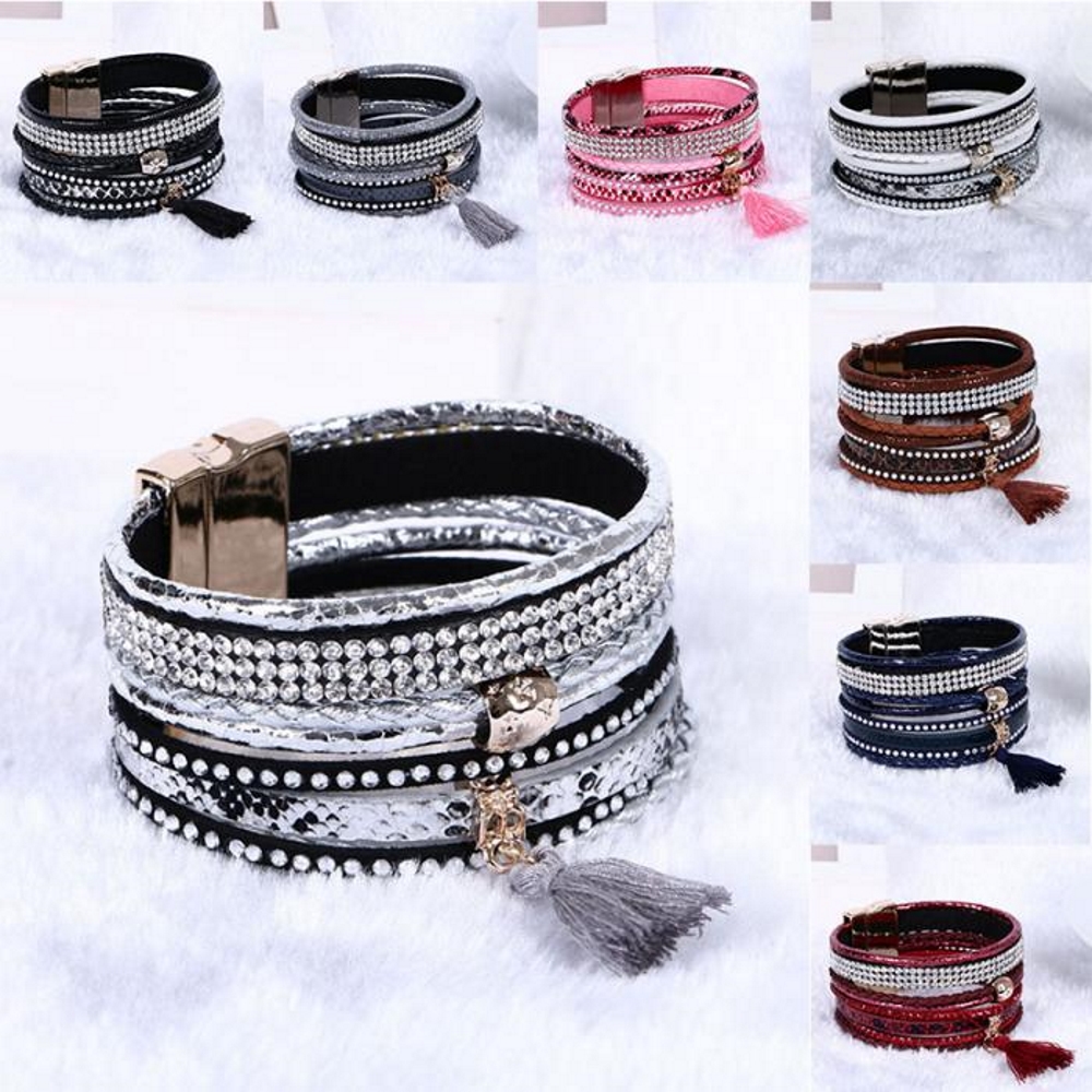 Rhinestone Leather Wrap Wristband Magnetic Bracelet Bangle