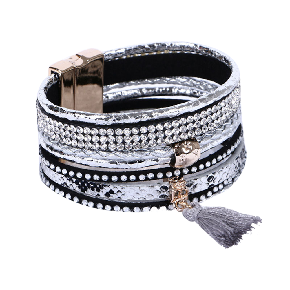 Rhinestone Leather Wrap Wristband Magnetic Bracelet Bangle - 6