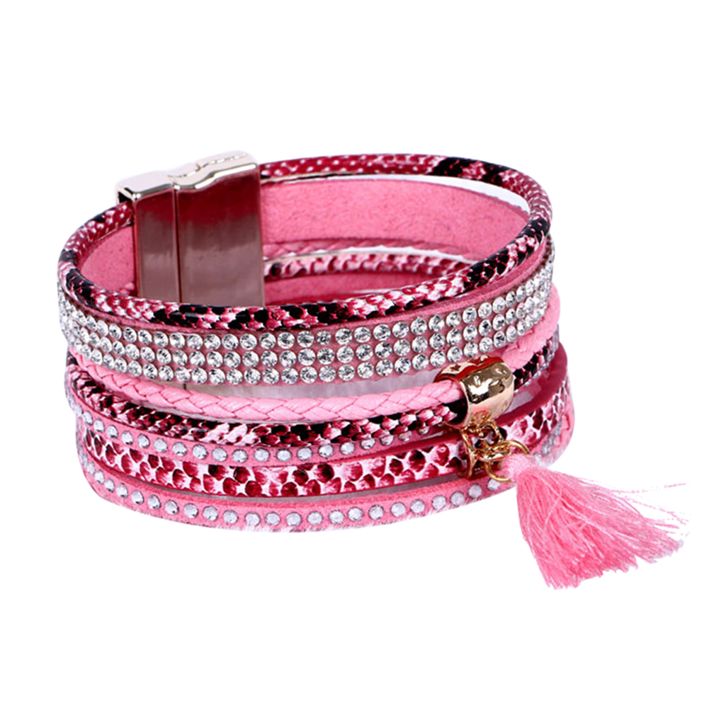 Rhinestone Leather Wrap Wristband Magnetic Bracelet Bangle - 9