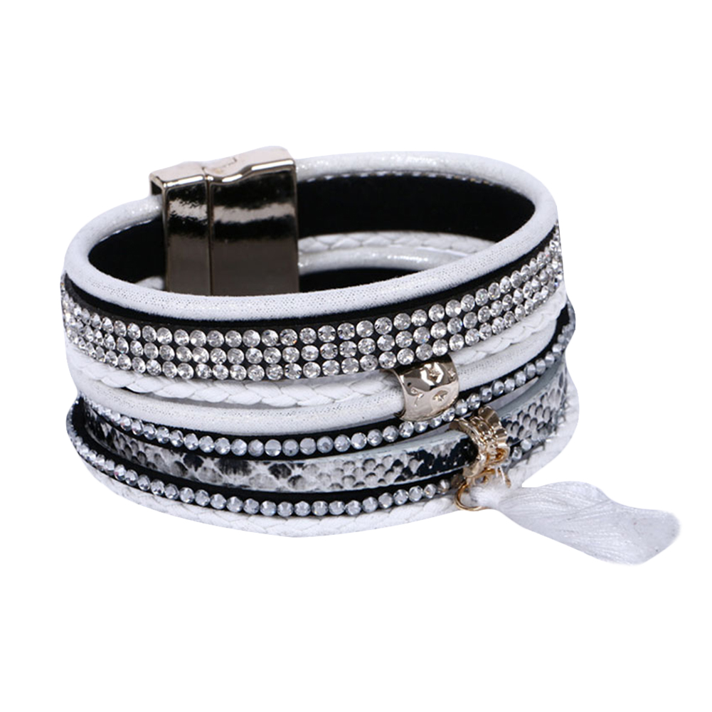 Rhinestone Leather Wrap Wristband Magnetic Bracelet Bangle - 4