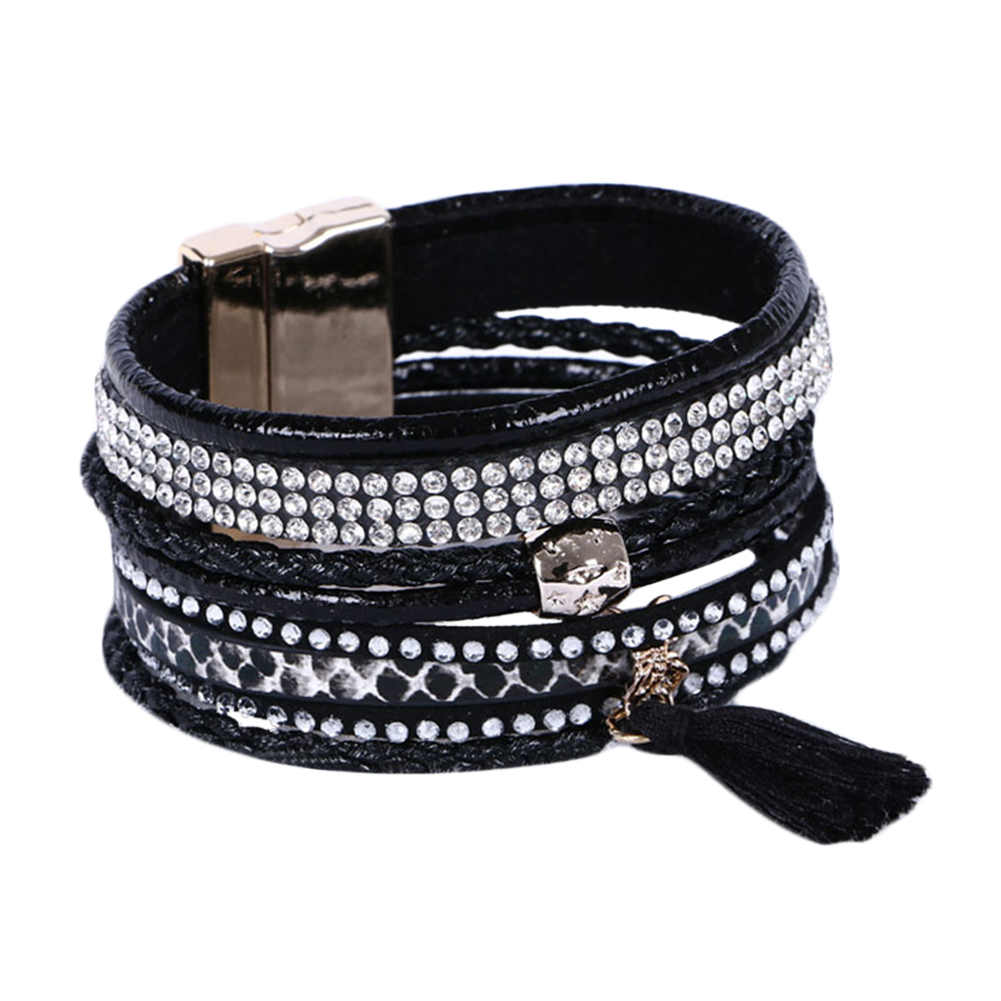 Rhinestone Leather Wrap Wristband Magnetic Bracelet Bangle - 5