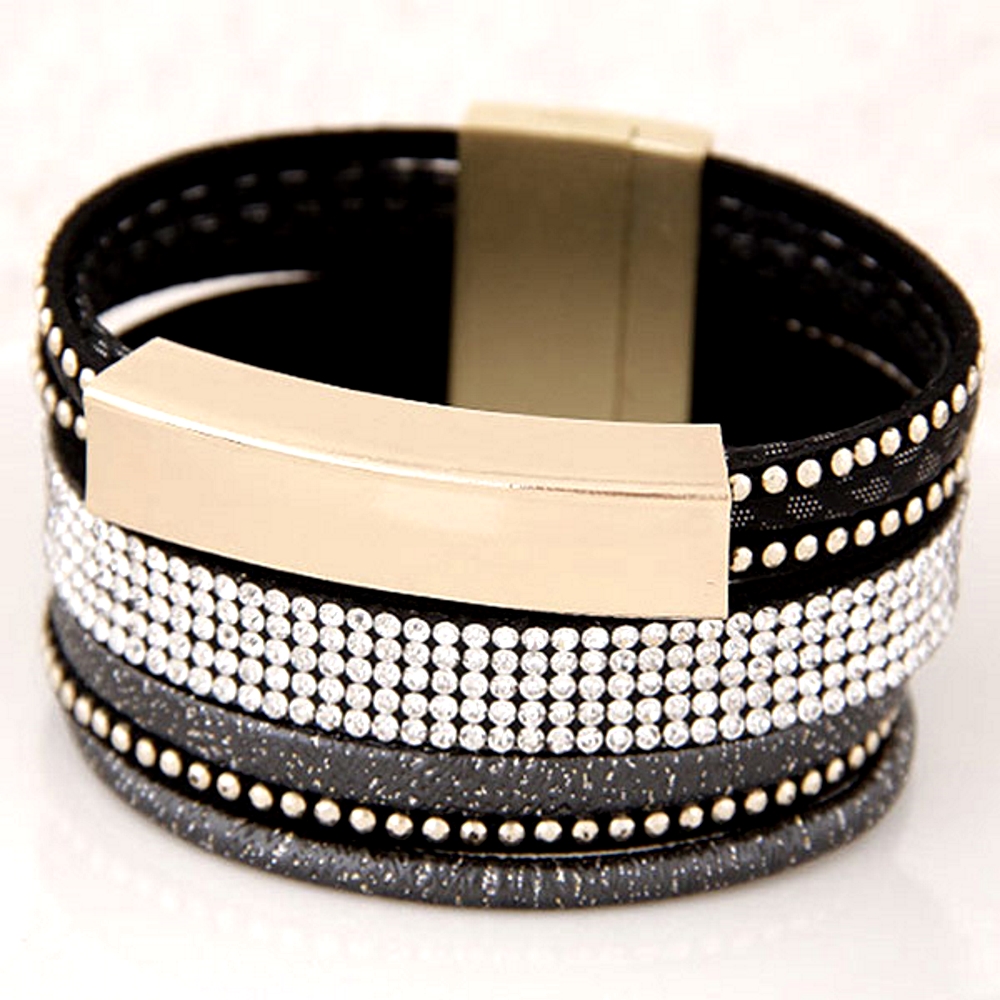 Rhinestone Leather Wrap Wristband Magnetic Bracelet Bangle - 5