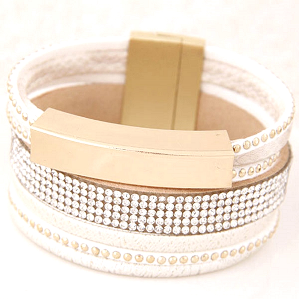 Rhinestone Leather Wrap Wristband Magnetic Bracelet Bangle - 3