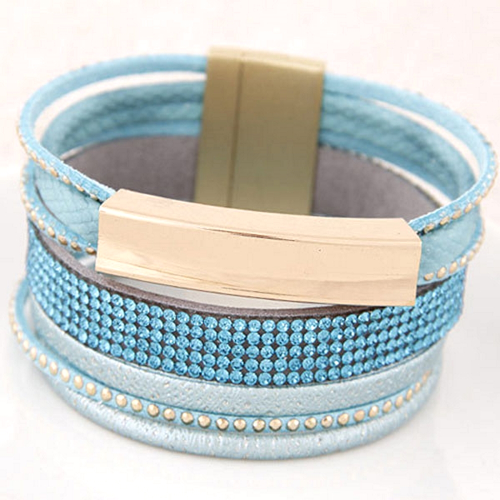 Rhinestone Leather Wrap Wristband Magnetic Bracelet Bangle - 2