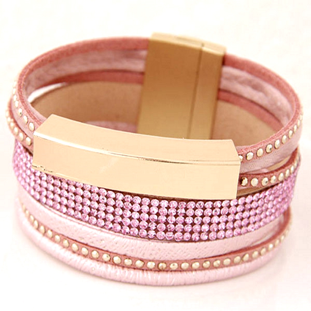 Rhinestone Leather Wrap Wristband Magnetic Bracelet Bangle - 4