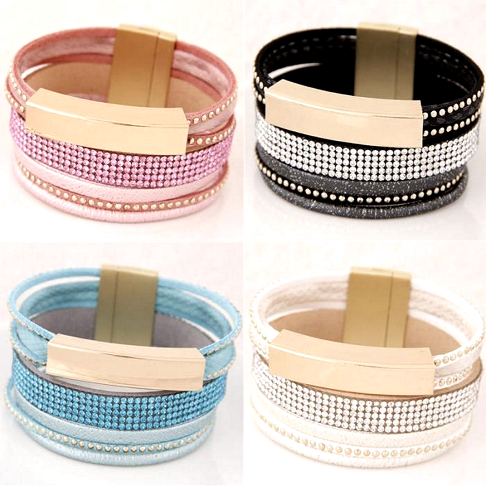 Rhinestone Leather Wrap Wristband Magnetic Bracelet Bangle