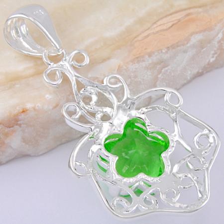 SILVER filled green quartz gemstone pendant 2 3/8"  - 2