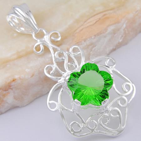 SILVER filled green quartz gemstone pendant 2 3/8" 