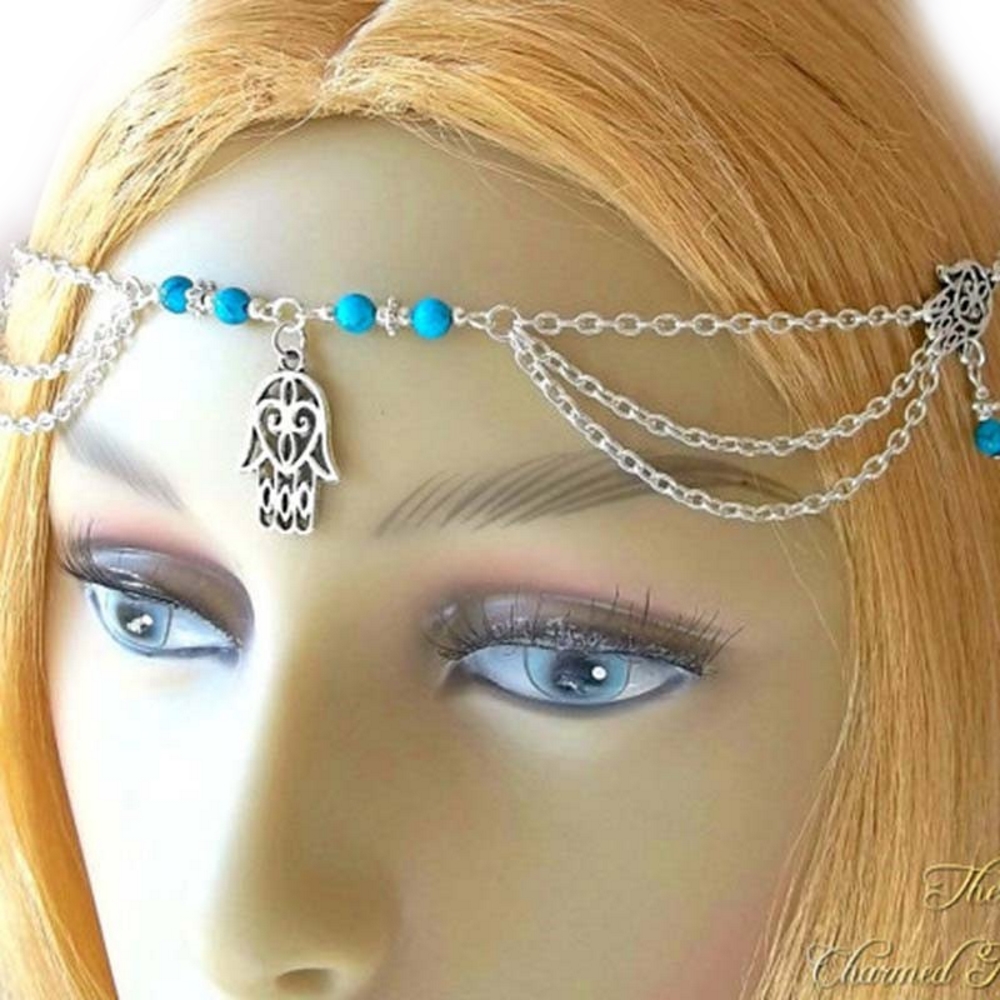 Women Hair Band Chains tiara bridal Hand Turquoise GOLD/SILVER - 2