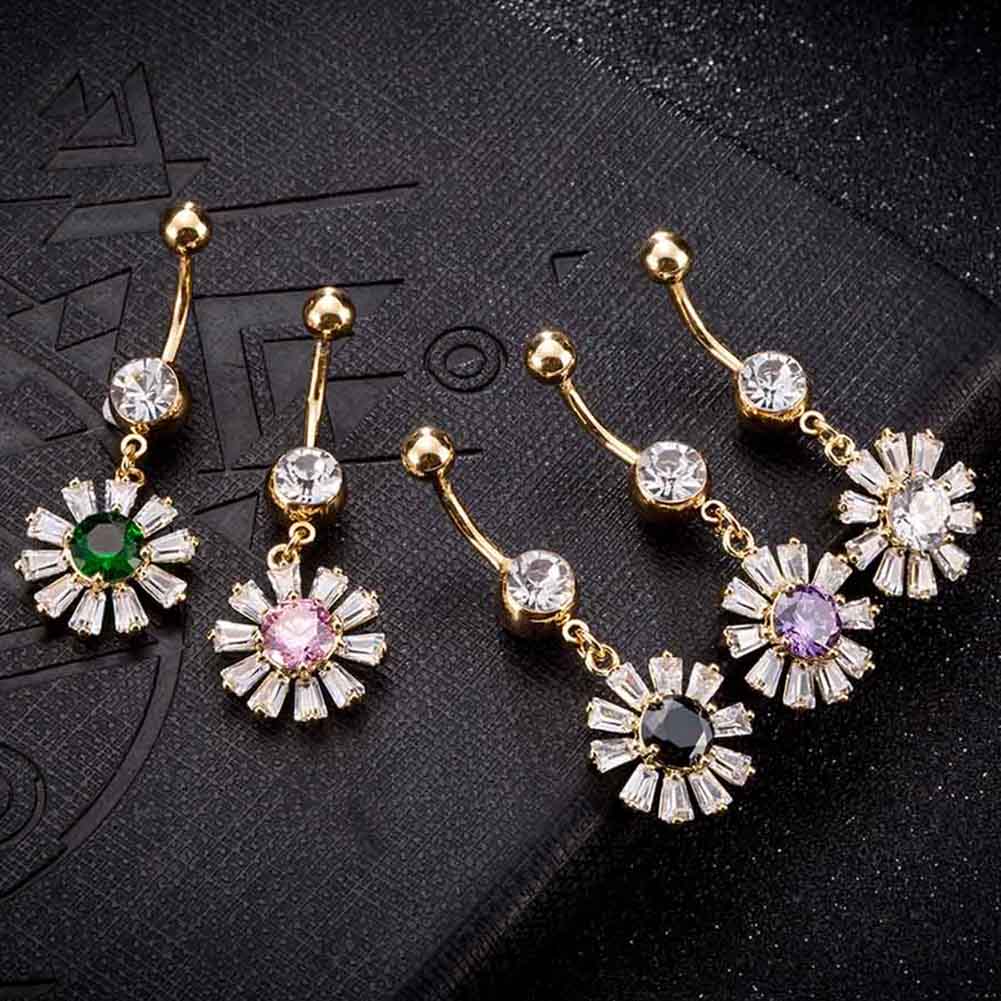 Guldpläterade navelpiercing CZ LILA, GRÖN, ROSA,SVART, VIT - 2