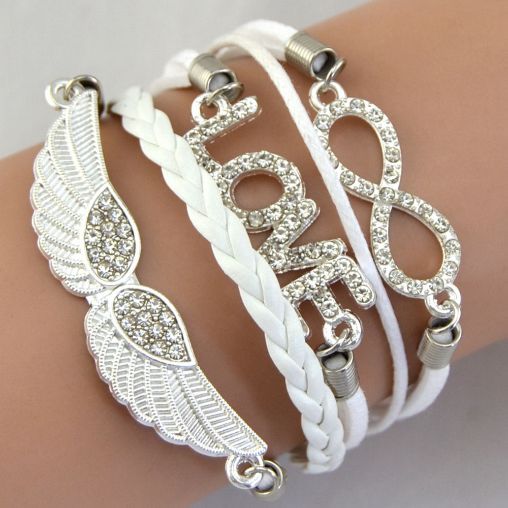 Rhinestone Leather Bracelet love angel wing - 8