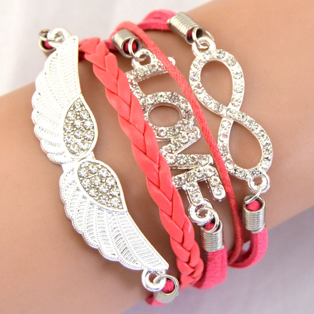 Rhinestone Leather Bracelet love angel wing - 11
