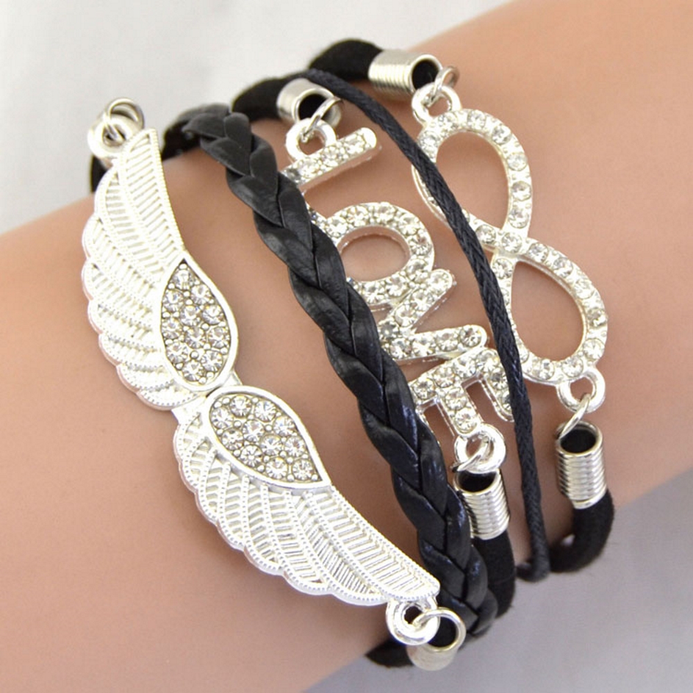 Rhinestone Leather Bracelet love angel wing - 12