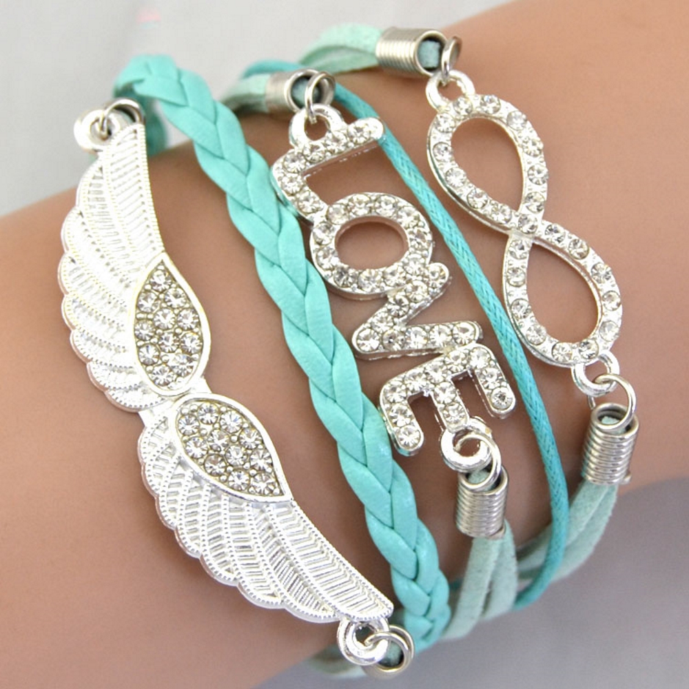 Rhinestone Leather Bracelet love angel wing - 3
