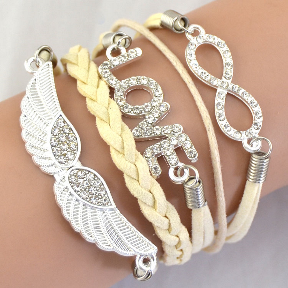 Rhinestone Leather Bracelet love angel wing - 14