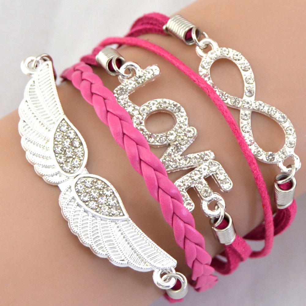 Rhinestone Leather Bracelet love angel wing - 7