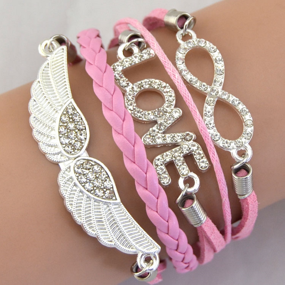 Rhinestone Leather Bracelet love angel wing - 13