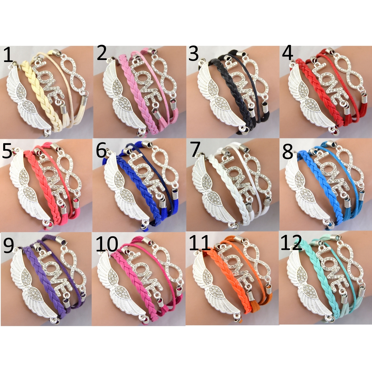 Rhinestone Leather Bracelet love angel wing