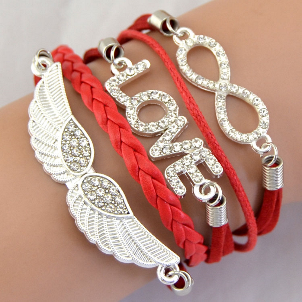 Rhinestone Leather Bracelet love angel wing - 4