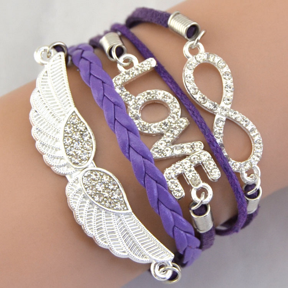 Rhinestone Leather Bracelet love angel wing - 10