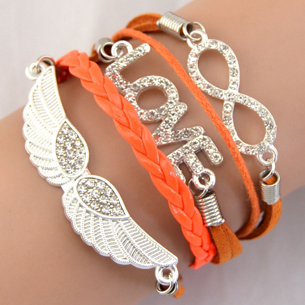 Rhinestone Leather Bracelet love angel wing - 6
