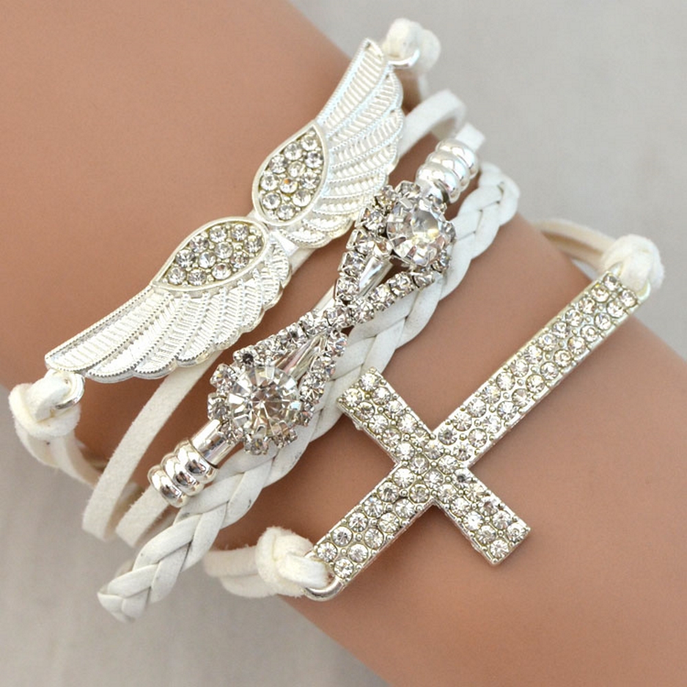 Rhinestone Leather Bracelet love angel wing - 7