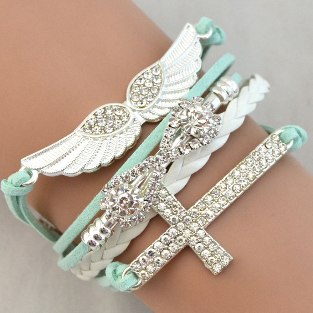 Rhinestone Leather Bracelet love angel wing - 2