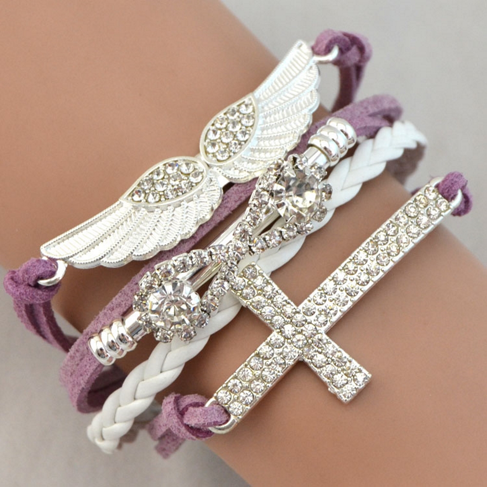 Rhinestone Leather Bracelet love angel wing - 5