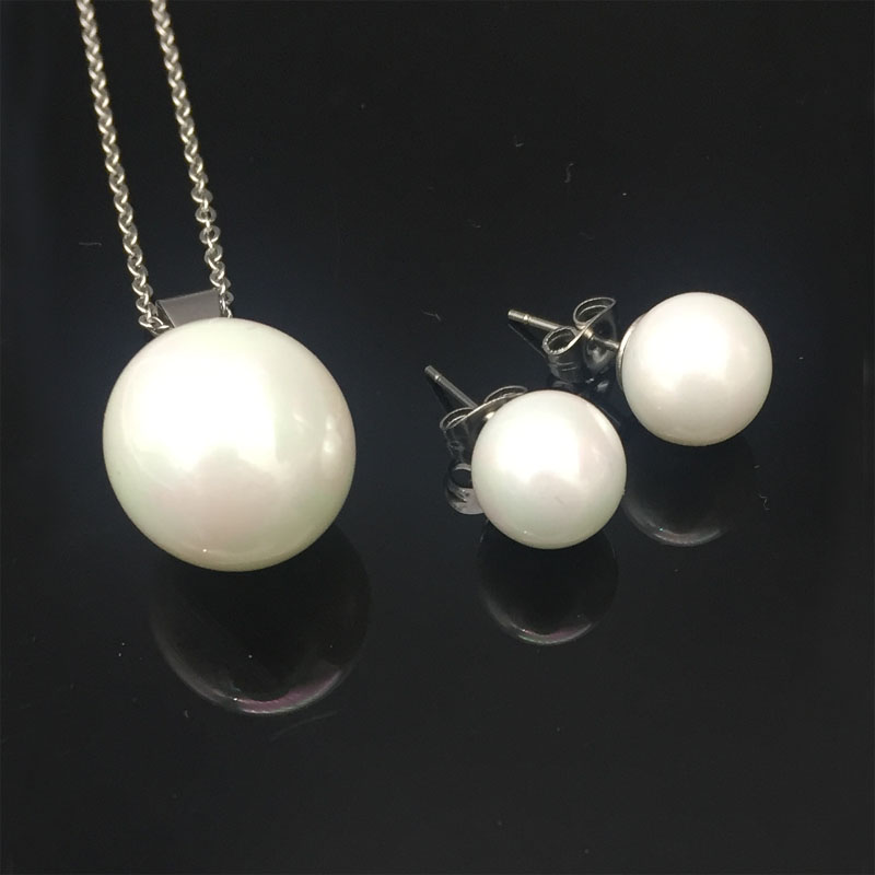 Rostfritt stål hänge & Par Stud Örhängen (SET) pärla SILVER/GULD - 6