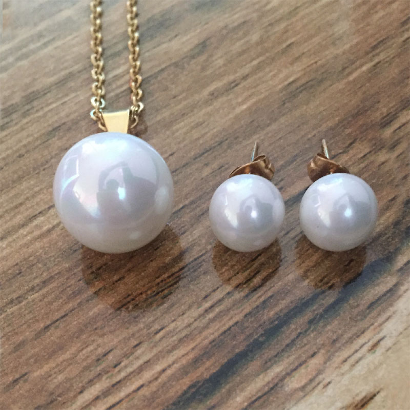 Rostfritt stål hänge & Par Stud Örhängen (SET) pärla SILVER/GULD - 8