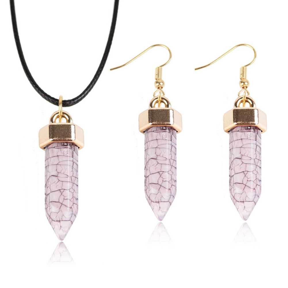 Stone Necklace with PU Leather & Brass  + earrings 