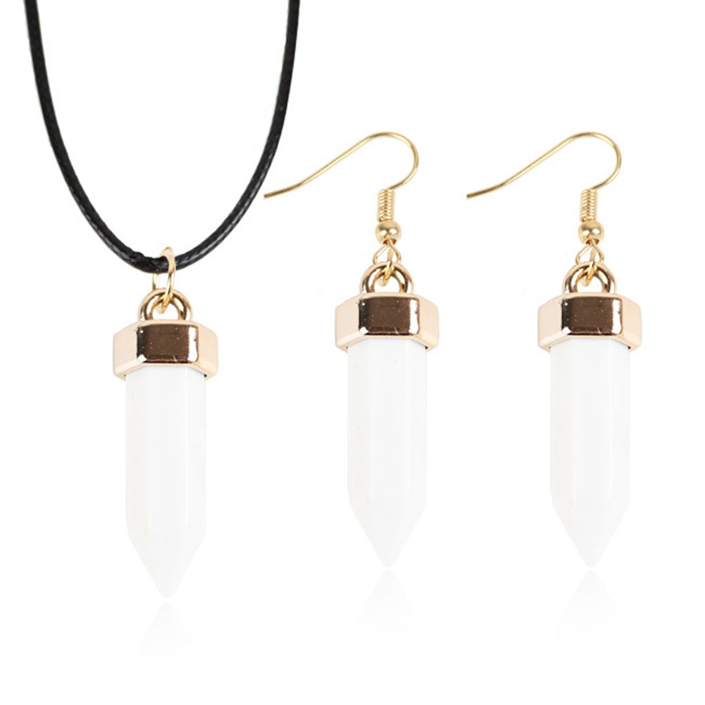 Stone Necklace with PU Leather & Brass  + earrings 
