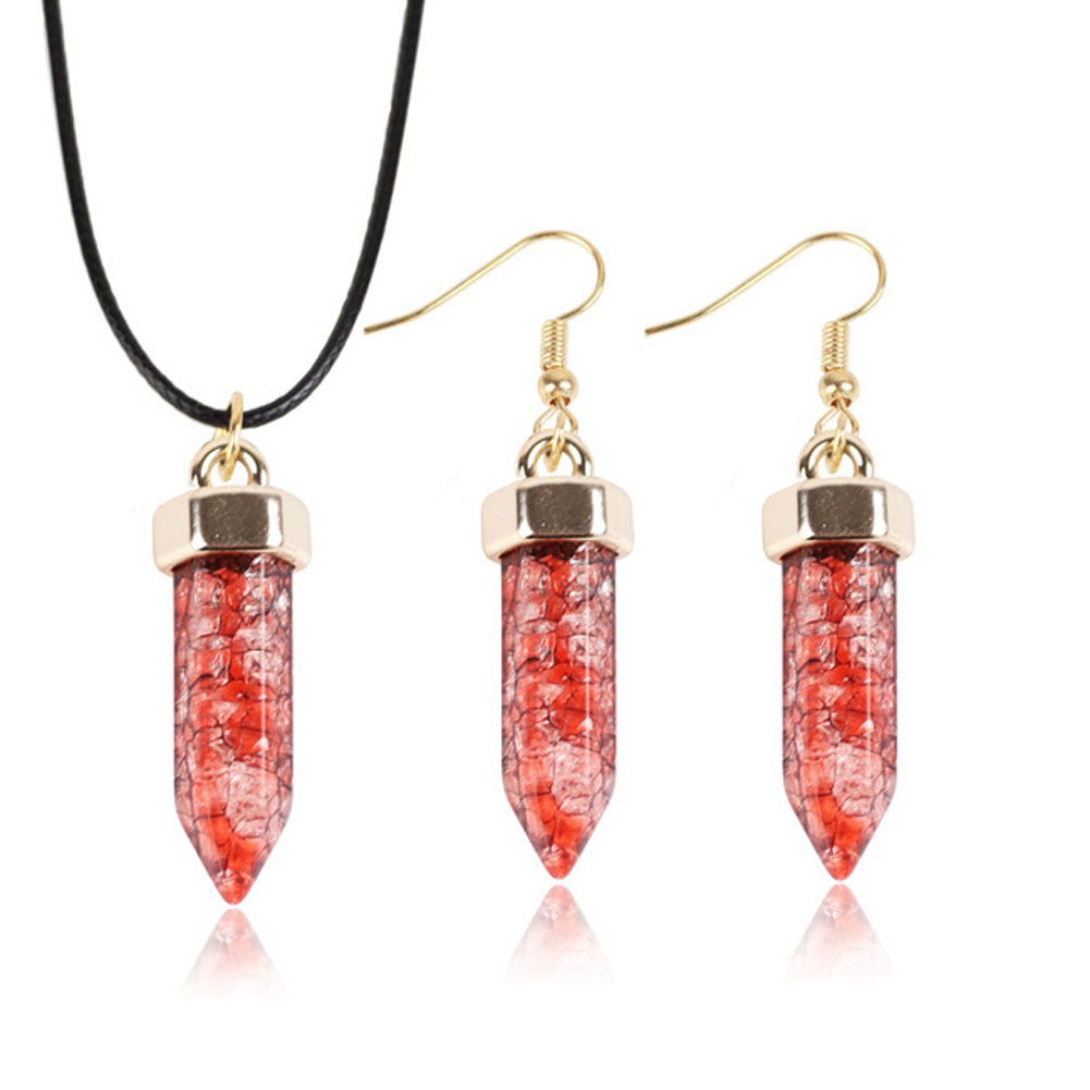 Stone Necklace with PU Leather & Brass  + earrings 
