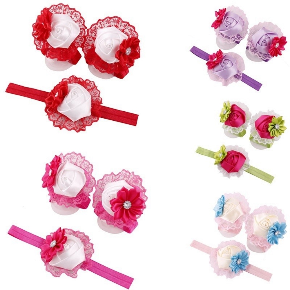 Baby Rose Flower  Hairband Headwear+Design Foot Band Ties Barefoot